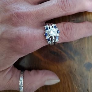 Vintage Nevada Silver CZ & Sapphires 3 Piece Wedding Ring 7